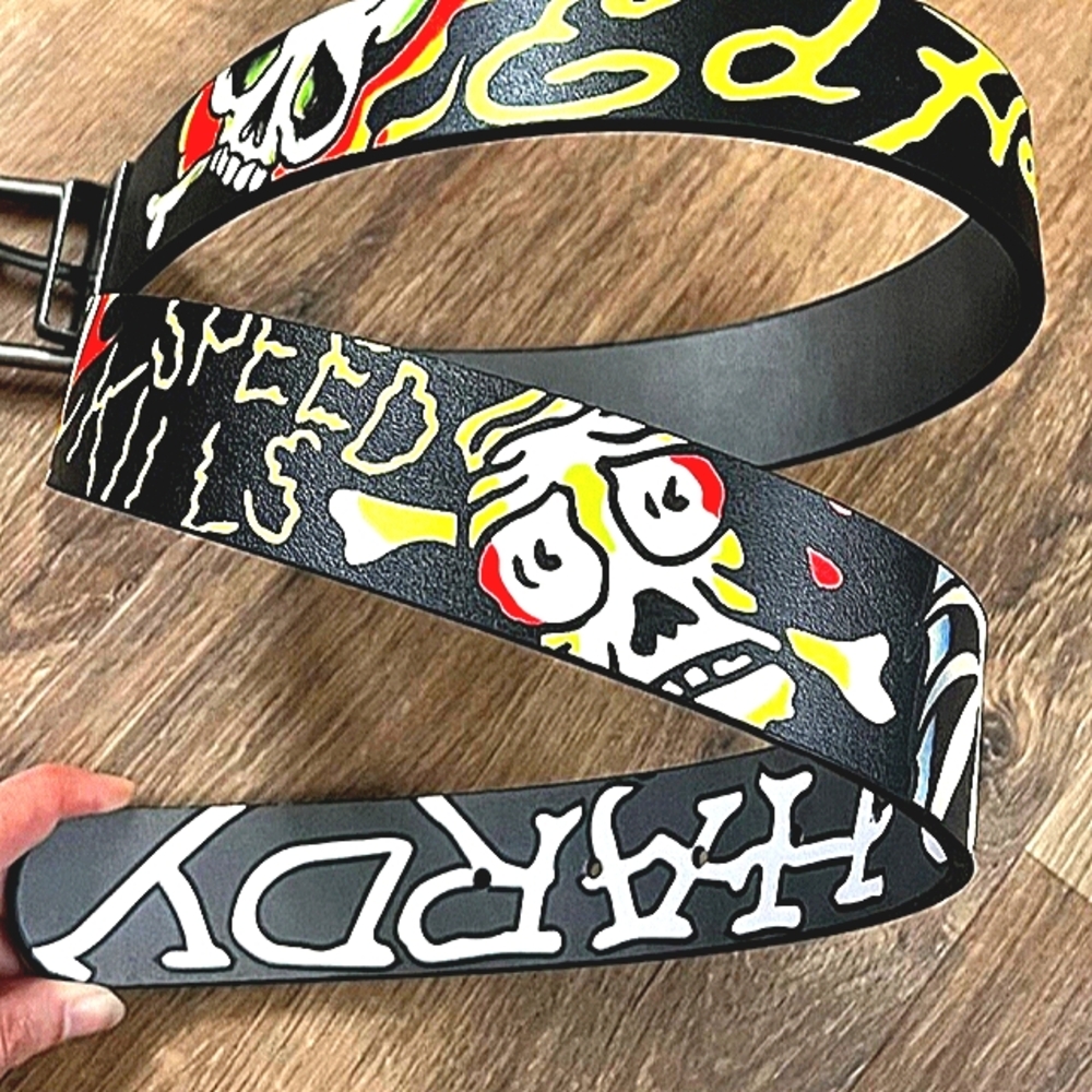 NEW Ed Hardy Reversible 2-in-1 Belt = 1. Live To Ride Flame/ 2. Gray Wht Logo 36